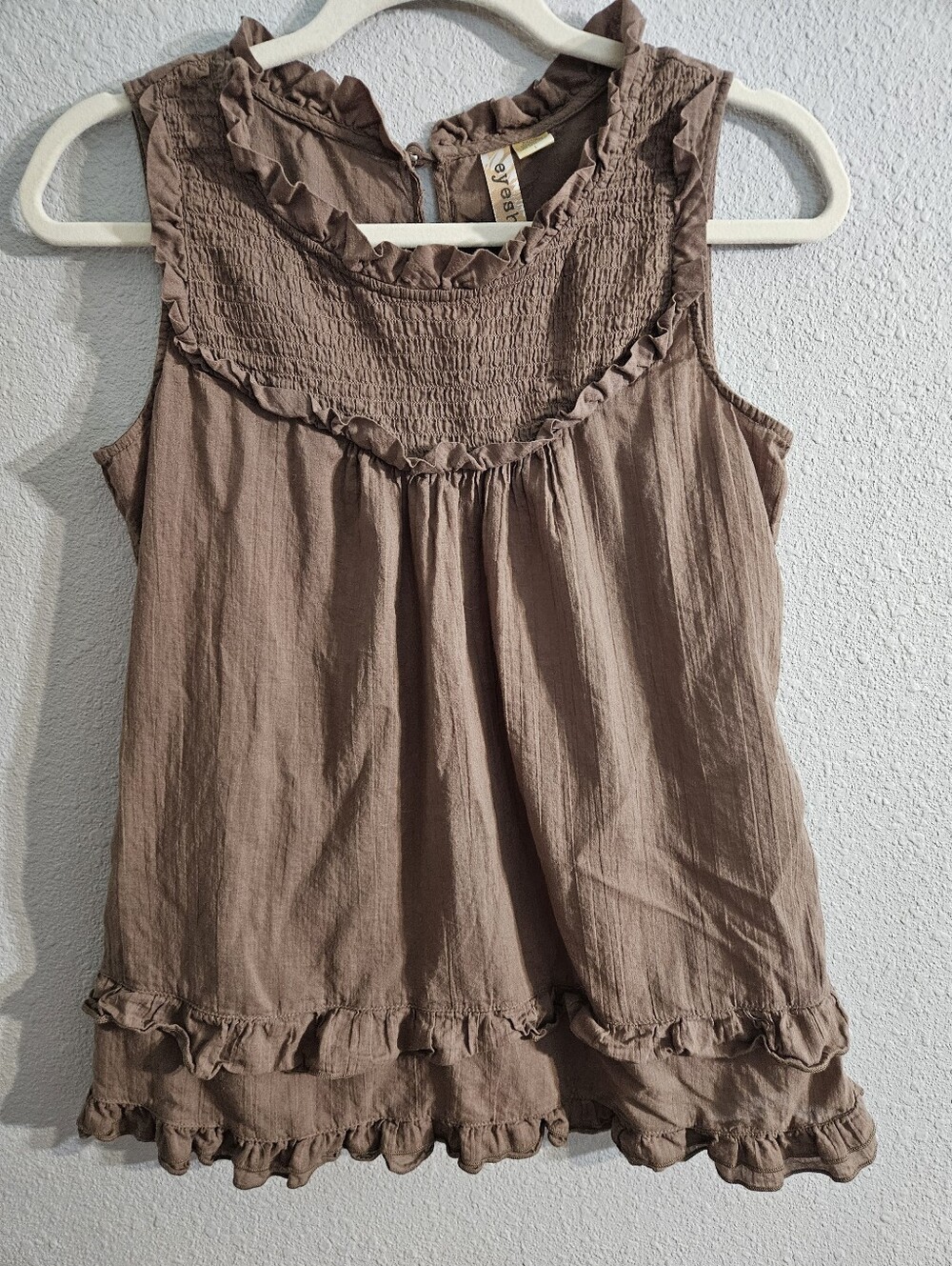 Pretty Eyeshadow Large Sleeveless Ruffle Yoke Top - Taupe